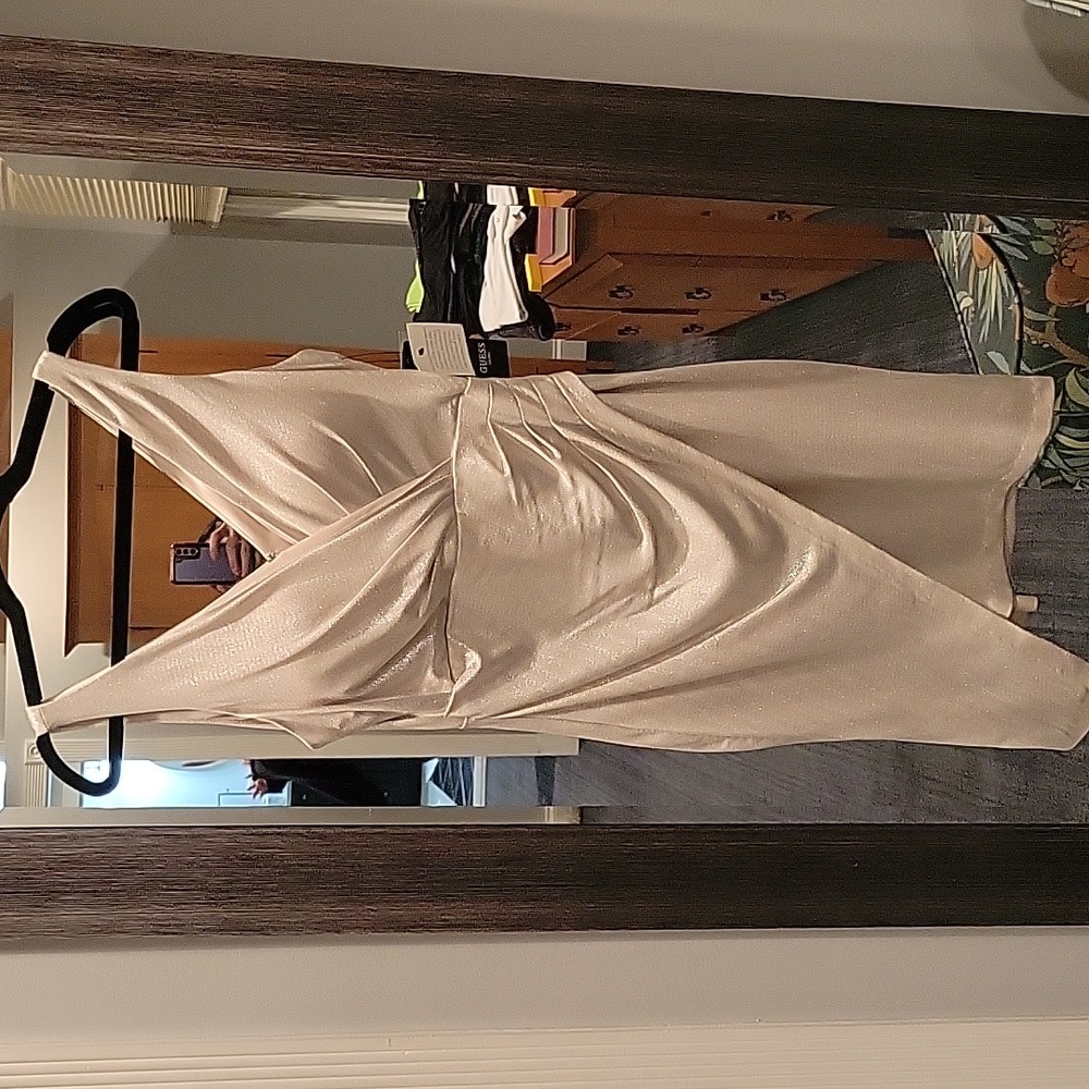 Guess Elegant Cream & Gold Asymmetrical Dress Size 8 NWT